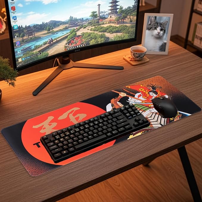 BELLEMOND Japanese Art Desk Mat | Large 31.5x11.8in Anime Mouse Pad for Keyboard & Mouse | Non-Slip Base, Water-Repellent | Original Japanese Design | Tenka Muso - The Unrivaled Warrior