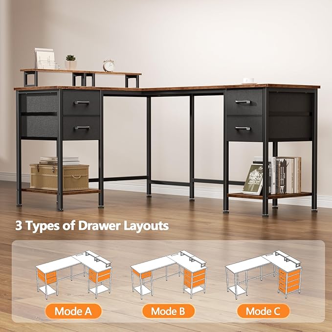 Korfile 59 inch L Shaped Computer Desk with Power Outlets, Home Office Desk with 4 Adjustable Storage Drawers & 2 Monitor Stands, Two Person Gaming Table for Bedroom, Rustic Brown