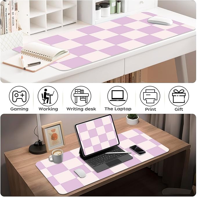 Large Checkered Desk Mat 35.4" x 15.7", PU Leather Mouse Pad Protector, Non-Slip Office Desk Pad, Waterproof Writing Pad for Office and Home (35.4in*15.7in, Purple Plaid)