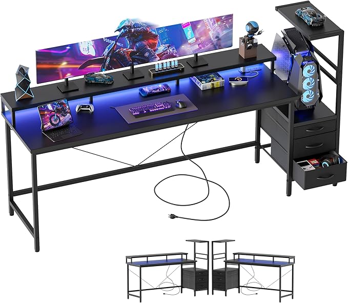 Mericonia 68 inch Gaming Desk with LED Lights & Power Outlets, Reversible Computer Desk with Storage Drawers & Monitor Stand, Large Gaming Table for Home Office