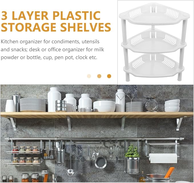 PRETYZOOM 3 Layer Plastic Shower Caddy, Space-Saving Organizer Rack for Toiletries, Kitchen Counter Corner Shelf for Condiment Bottles, No-Tool Assembly, 13.5 X11 X8.3 Inches