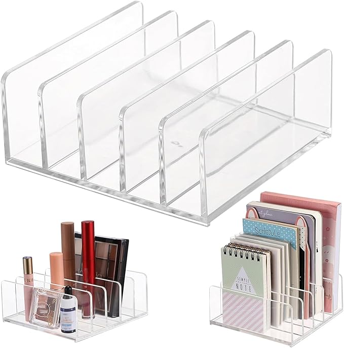 Hipiwe 2-Pack Acrylic File Organizer for Sorting Mail - 5 Slots Letter Sorter Clear Desktop Bill Divider Holder for Paper Envelope Document Book Cash Money Eyeshadow Makeup Palette