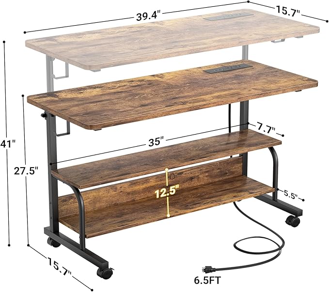 Besiost 39" Height Adjustable Standing Desk with Power Outlets - Manual Rolling Stand Up Desk with Wheels Small Portable Computer Desk Mobile Laptop Table with Storage Shelves for Home Office, Rustic