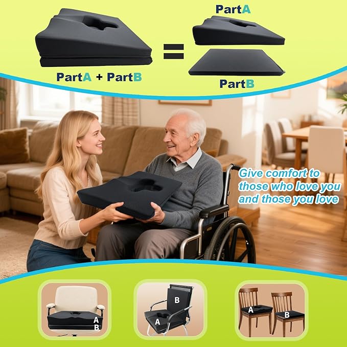 Gel Wheelchair Seat Cushion,Bed Sore Cushions for Butt,hemorrhoid Pillow,Sciatica,Coccyx,Pressure Sore&Ulcer Pain Relief Butt Pillow for Office Chair(Set Black)