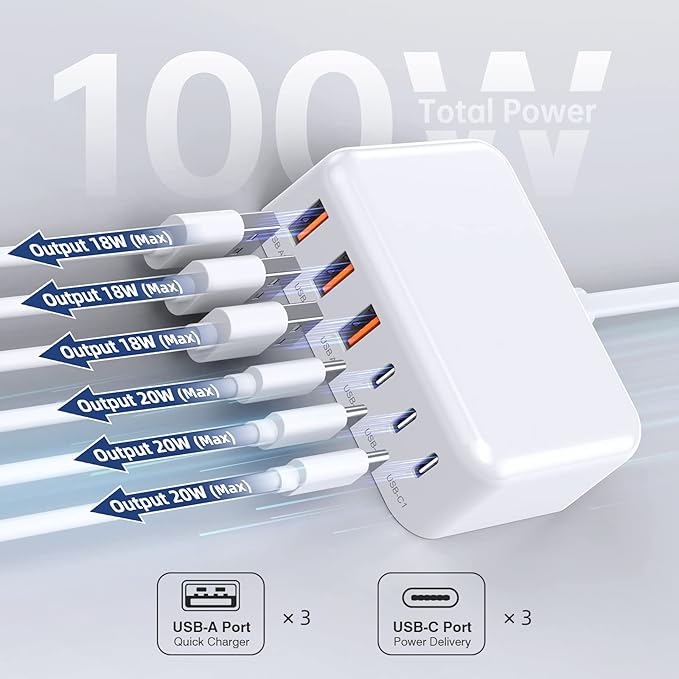 6 in 1 USB Charger, Charging Station for Multiple Devices, 100W Fast Charging Blocks with Type C Ports, USB Charging Hub Organizer Multiport Power Strip for iPhone, Ipad, Kindle, Travel Accessories