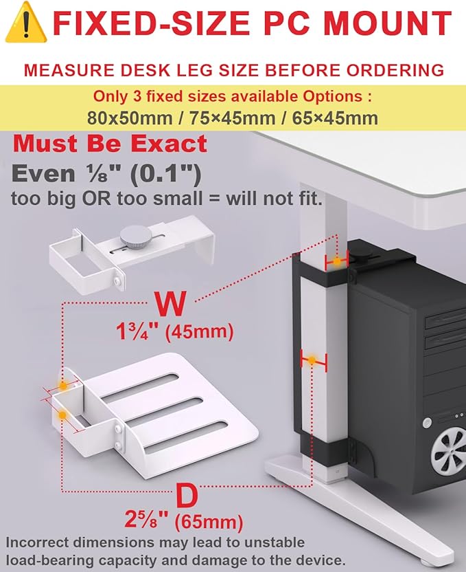 Under Desk PC Mount - No Drilling 40lb Capacity, Computer Holder Under Table, Adjustable Height and Width, Clamp-on Leg PC Holder for Standing Desk(Fits 65mm×45mm Legs only), with Non-Slip Pads, Black