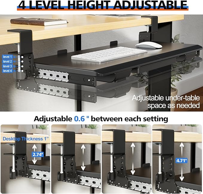 Large Height Adjustable Keyboard Tray with Sturdy C-Clamp Mount and Storage Drawer, 27"(31"Including Clamps) x 12" Slide Out Ergonomic Keyboard Trays for Home and Office, Black