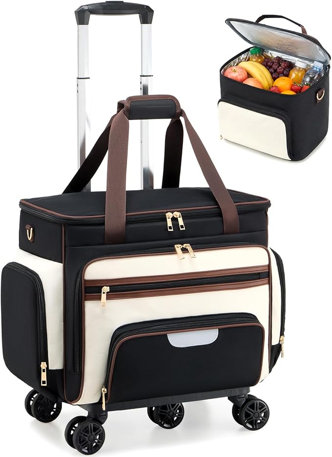 Amythe Rolling Teacher Tote Bag with Accordion File Organizer, 5-Wheel 15.6" Laptop Briefcase with Lunch Box, Wheeled Work Bag for Business, Office, Craft-Black