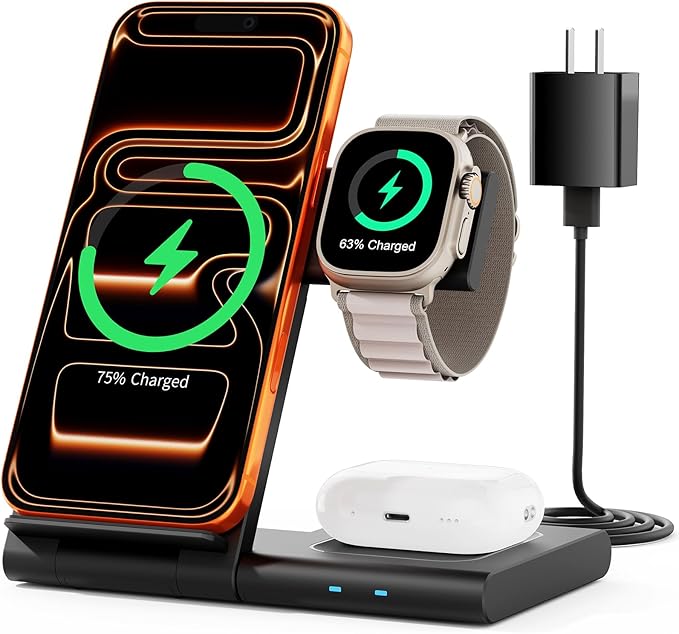 New Travel Portable Wireless Charger: for Apple Charging Station 3 in 1 Charger Stand Multiple Devices for Apple - iPhone 17 16 15 14 Pro Max 13 12 11 - Watch 2-11 SE Ultra Series - Airpods 4 3 2 Pro