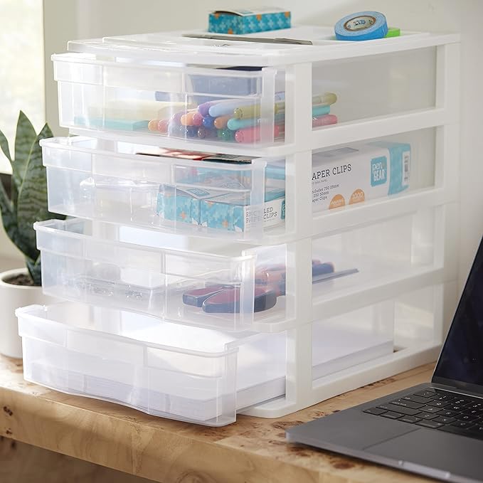 Gracious Living 4 Drawer Desktop & Countertop Organizer w/Organization Lid for Craft Storage, Office Supplies & School Supplies, White/Clear (3 Pack)