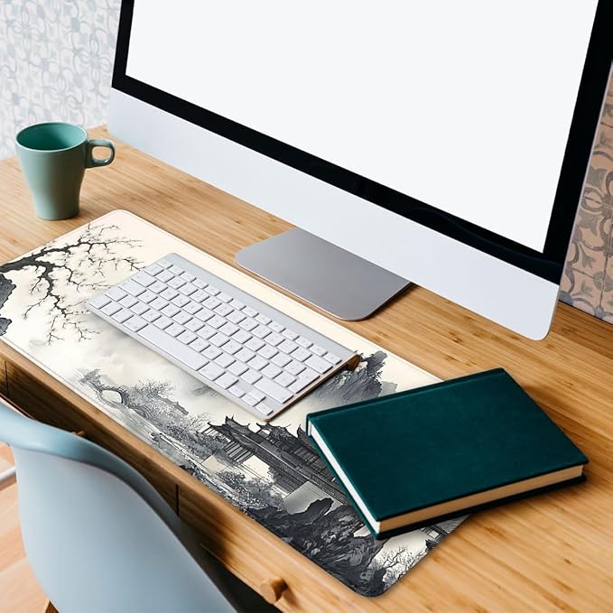 Japanese Ink Gaming Mouse Pad Black White Zen Mountain Landscape Large Gaming Mouse Mat with Stitched Edges,Non-Slip Waterproof Rubber Base Mous Mat 31.5"x11.8"