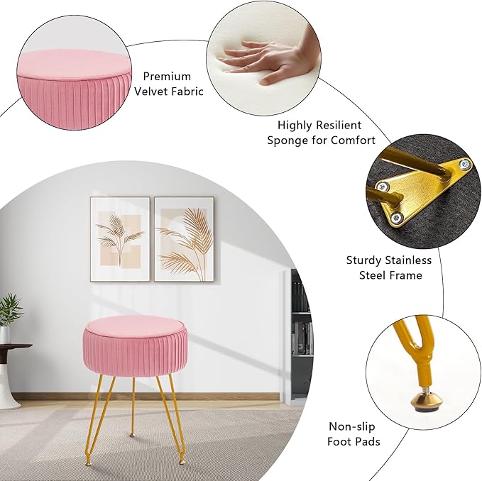 Velvet Vanity Stool, Modern Ottoman Foot Rest Stool with Adjustable Golden Legs, Makeup Chair for Vanity, Multifunctional Small Vanity Chair for Bedroom, Pink