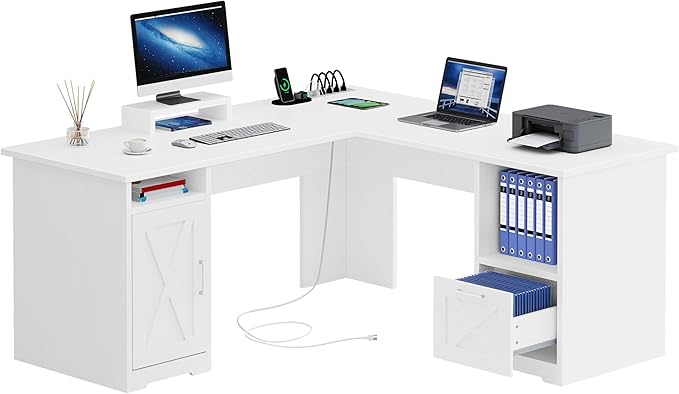 YITAHOME L Shaped Desk with Power Outlets, 60 Inch Computer Desk Corner Desk with File Drawer, Home Office Desk with Monitor Stand & Storage Shelves, L-Shaped Desk with File Cabinet, White