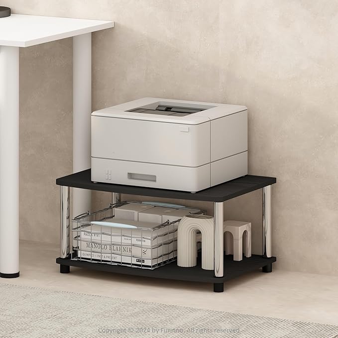 Furinno Turn-N-Tube Printer Stand with Storage, 2-Tier Printer Table, Under Desk Printer Stand, Toolless Assembly, for CPU, Office Supplies, Home Office, Americano
