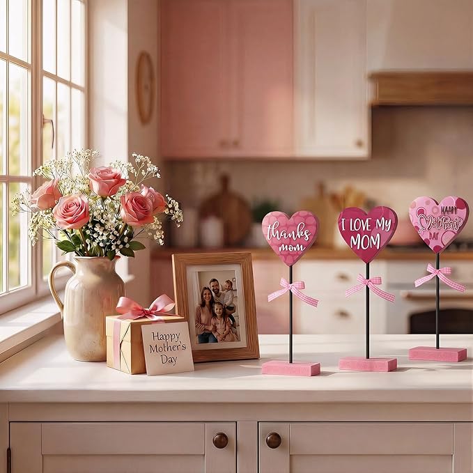 Smile Mother's day Heart - Shaped Mom Wooden Table Decor Set with Pink Bases & Ribbon Accents, Mother's day Indoor Decoration