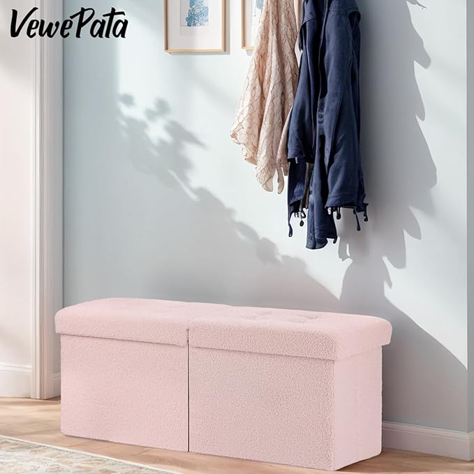Folding Ottoman Bench with Storage - 34Inches Teddy Velvet Foot Stool Ottoman Bench, Padded Seat, Storage Chest, Blanket Store for Entryway, Livingroom and Bedroom, Pink (34" D x 13" W x 13" H)