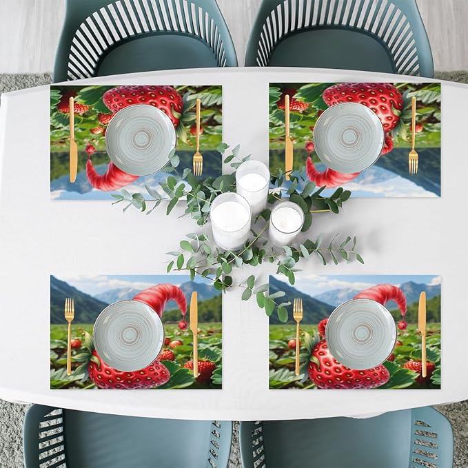 Placemats Set of 4 Heat-Resistant Rectangle Place Mats Strawberry Elf Washable Plastic PVC Dining Table Mat Non-Slip Wipeable Woven Vinyl Placemat for Kitchen Patio Table Decor