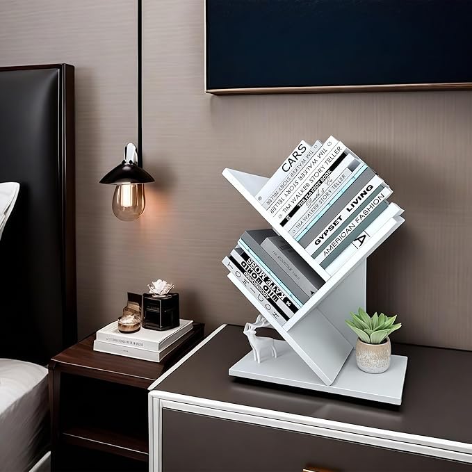 Godferyxin Tree Bookshelf, 3-Tier Small Bookcase for Desk – Wood Small Bookshelf with Storage Shelves, Mini Bookcase for Bedroom, Office, White Bookshelf, CDs, Magazines Desktop Book Tree