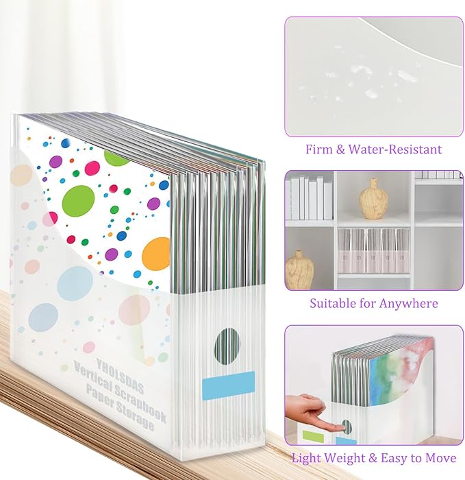 YHOLSDAS 12"x12" Paper Storage Organizer, 6 Pcs Vertical Scrapbook Paper Storage with 18 Pcs Sticky Index Tabs, Foldable Scrapbook Paper Storage Organizer for Files, Cardstock, Magazines