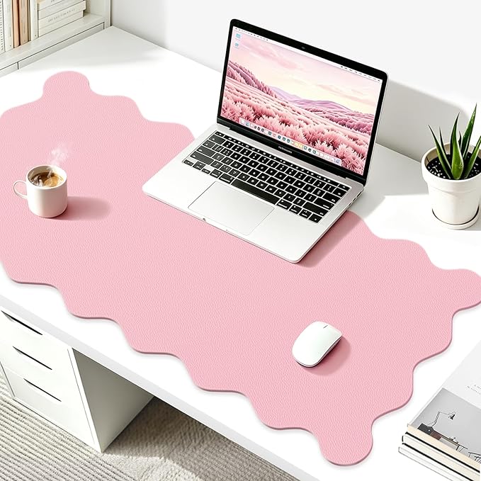 Scalloped Pink Desk Mat, 23.6" x 11.8" Waterproof Large Desk Mat, Non-Slip Computer Mouse Pad and Keyboard Mat, Pink Cute Desk Mat for Office, Work, Home, or Vanity