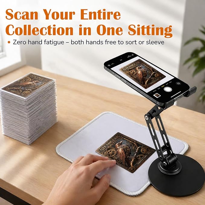 Foldable Trading Card Scanner Stand, Carbon Steel Phone Holder with Scanning Pad and 100 Standard Sleeves, for Sleeved/Unsleeved Collectible Cards, Compatible with iOS and Android