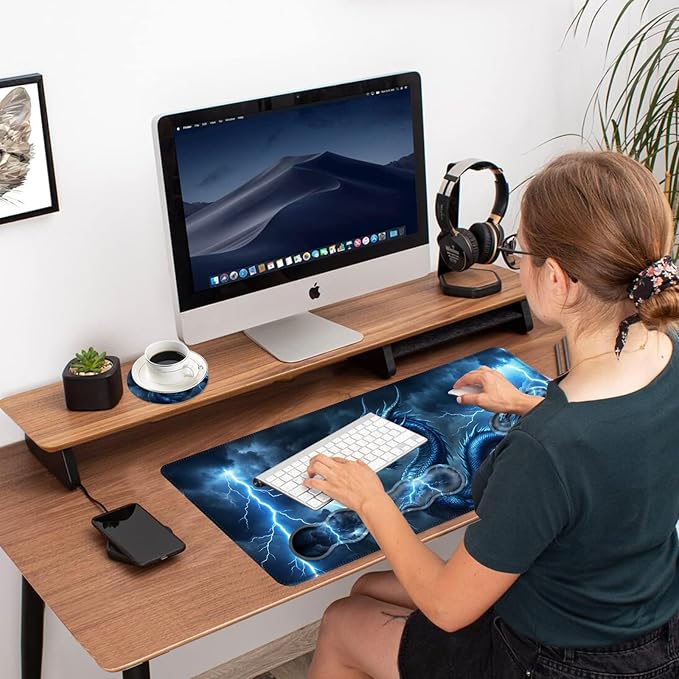 Ergonomic Mouse Pad Set with Wrist Support for Keyboard and Wrist Rest for Mouse, Memory Foam Comfort, Non-Slip Large Desk Mat for Home Office Pain Relief,Lightning Dragon