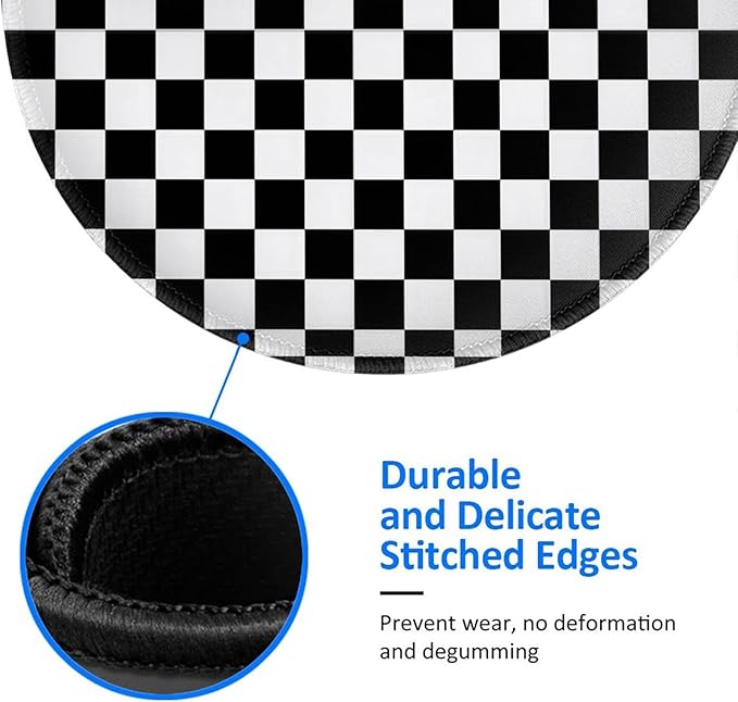 Black and Wite Checkerboard Round Mouse Pad Premium Textured Mouse Mat Washable Mousepads with Extended Stitched Edges Non Slip Rubber Base Small Mousepad 7.9 X 7.9 X 0.12 Inches
