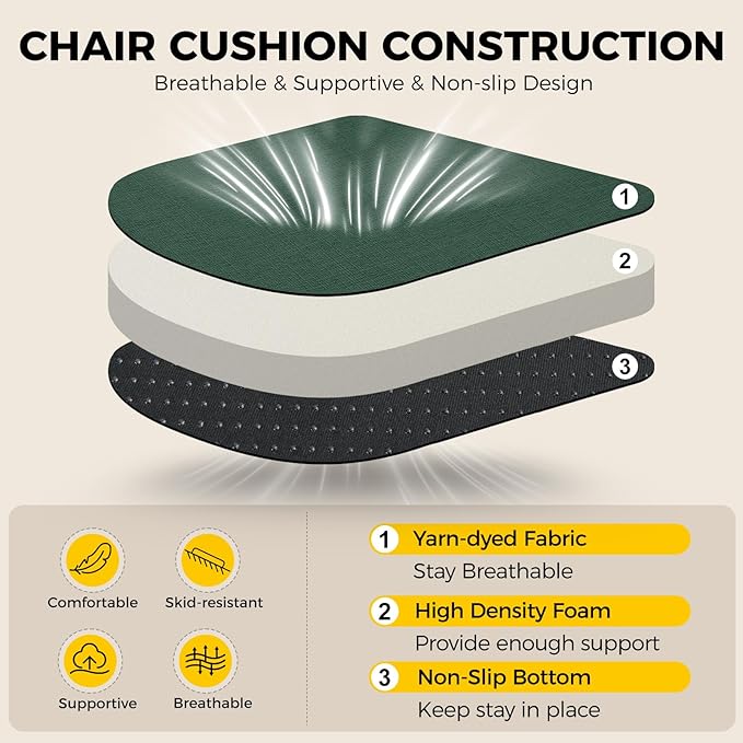 downluxe Indoor Chair Cushions for Dining Chairs, Soft and Comfortable Textured Foam Kitchen Chair Pads with Ties and Non-Slip Backing, 16" x 16" x 2", Dark Green, 6 Pack