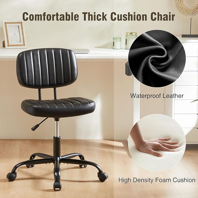 DUMOS Small Armless Home Desk Chair with Low Back Lumbar Support, Height Adjustable PU Leather Computer Task Chair with 360° Swivel Wheels, for Small Space, Adults, New Black