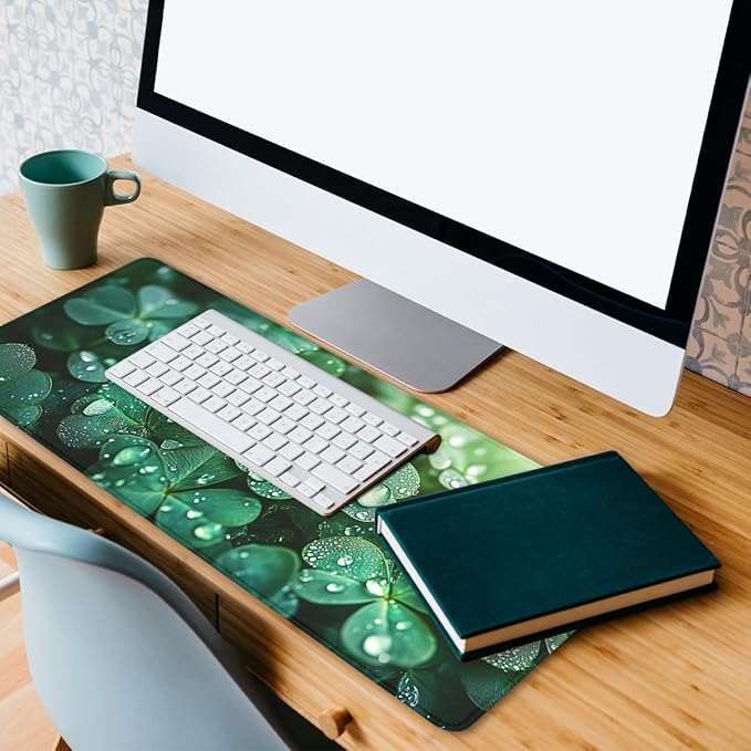 Four Leaf Clover Gaming Mouse Pad St Patricks Day Green Shamrock Extended Mousepad Waterproof Stitched Edges Rubber Base Non-Slip Deskpad Computer Keyboard Mat 31.5x11.8 in