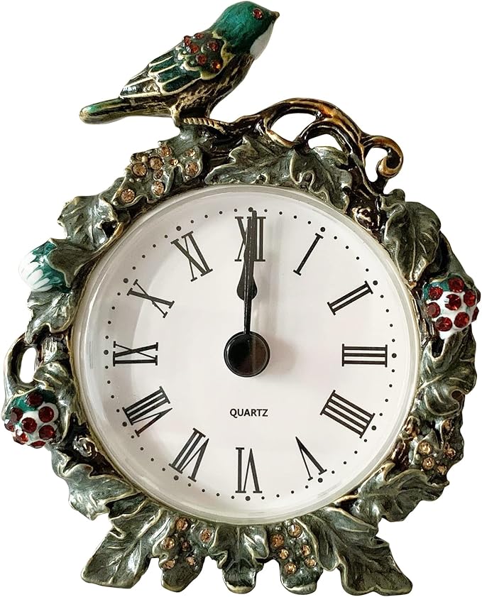 Silent Mini Vintage Analog Table Clock with Hand-Painted Metal Body and Battery Operated Non-Ticking Core for Shelf, Bedroom, Bedside, Desk, Gift Clock