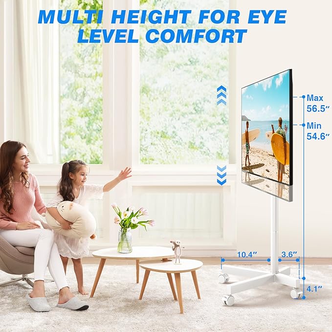 Rfiver Mobile TV Cart Rolling TV Stand for 23-65 Inch Screens, Portable TV Stand on Wheels with Tilt and Height Adjustable, Outdoor TV Mount Stand Holds up to 88 lbs for Home MAX VESA 400x400mm, White