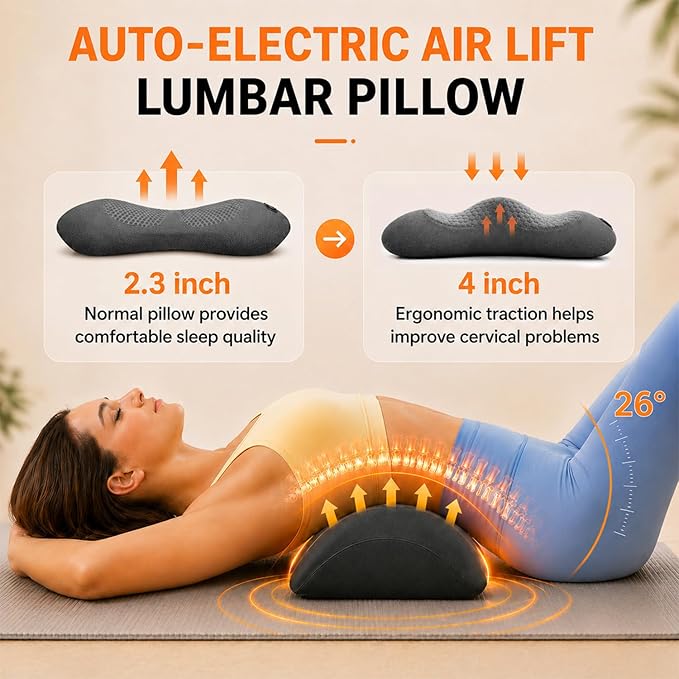 Upgraded Cordless Lumbar Support Pillow for Pain Relief Deep Tissue, 3-in-1 Heated Lower Back Massager Pillow with 3000mAh Battery, Heat, Massage, Electric Stretch, Back Support Pillow for Chair Car
