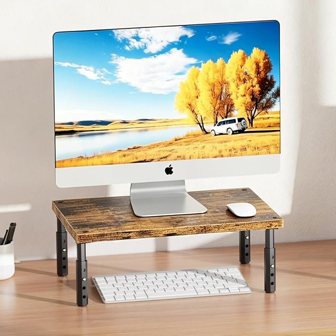 ECOLOVI Adjustable Wood Computer Monitor Stand Riser, Office Desk Organizer and Accessories for Monitor, Laptop, PC, Printer, Office Desk Accessories Workspace Organizer for Home Office Supplies, Brown