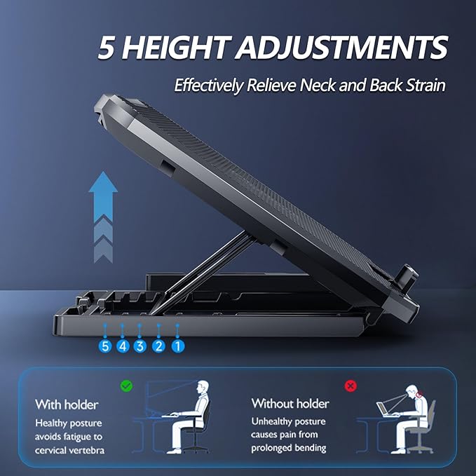 AIMIUZI Laptop Cooling Pad for Computer Laptop Cooler for 12-15.6 Inch Notebooks, Laptop Cooling Stand with 5 Quiet Fans, 5 Height Adjustable,2 USB Ports, Phone Stand
