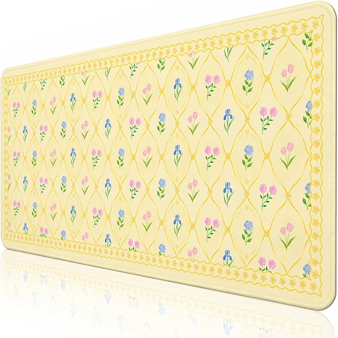 Floral Aesthetic Yellow Mouse Pad Large 35.4×15.7 Flower Girly Desk Mat for Women, Non-Slip Water-Resistant Pad for Home Office Gaming Decor
