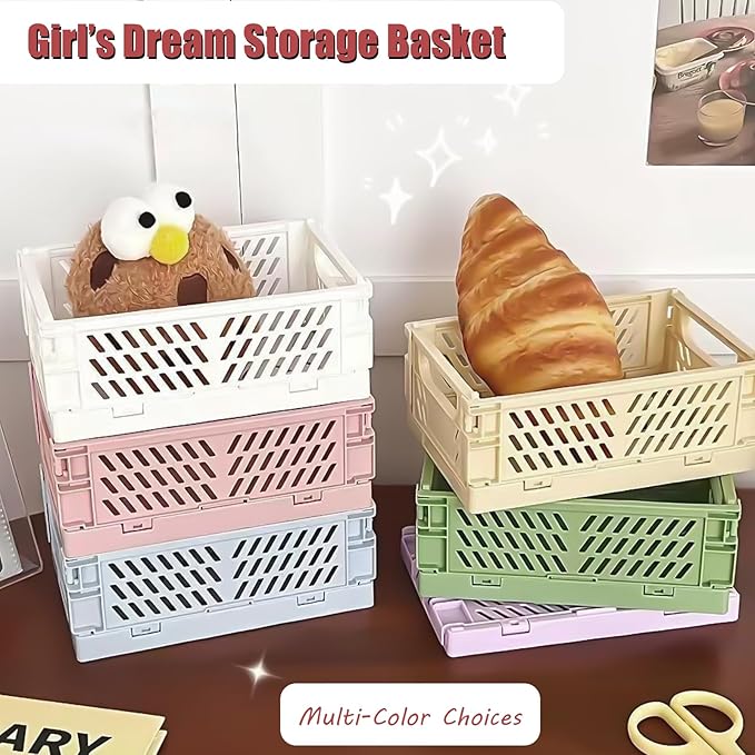 Tobeso-Nuoze Mini Pastel Plastic Storage Baskets 2 Pack, Collapsible Crates for Organizing, Space-Saving Bins for Kitchen, Office, Bedroom (Purple, Small: 5.8"x 3.8" x 2.2")