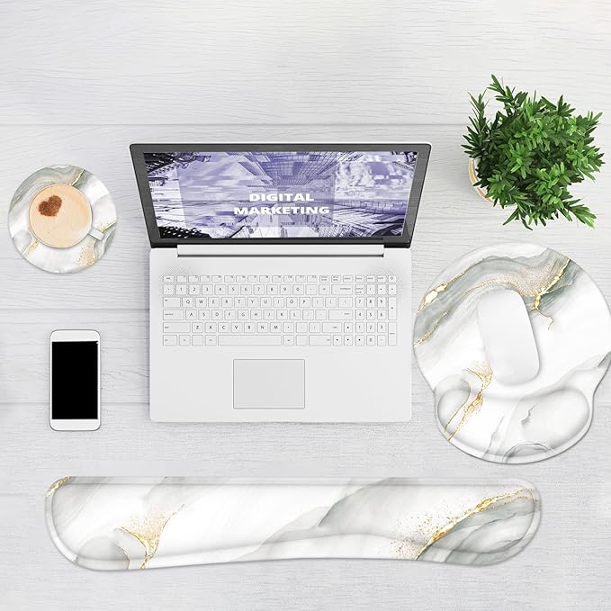 Ergonomic Mouse Pad with Wrist Rest and Keyboard Wrist Rest, Mousepad and Wrist Rest for Computer Keyboard, Pain Relief, Non-Slip Rubber Base, Mouse Pad with Wrist Support for Gaming, White Marble