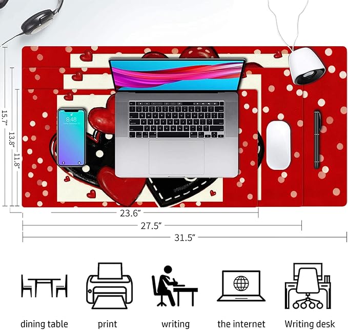 Valentine‘s Day Mouse Pad PU Leather Red Peach Heart Desk Mat Large Waterproof Gaming Pad Non-Slip Keyboard Mouse Pad Writing Pad for Gamer Office&Home