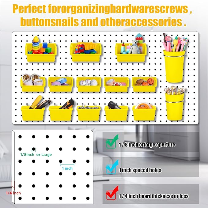 Roowest 60 Pcs Pegboard Cups Pegboard Bins Set, Wall Organizer with Hooks and Loops, Hooks Assortment Organizer Accessory for Office Storage Garage Craft Workshop(Yellow)