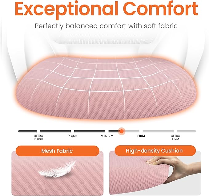 NEO CHAIR Office Desk Ergonomic Computer Mesh Chair with Lumbar Mid Back Support Adjustable Height Swivel Rolling Wheels Comfy Task Vanity Chair for Home Bedroom Study (Pastel Pink)
