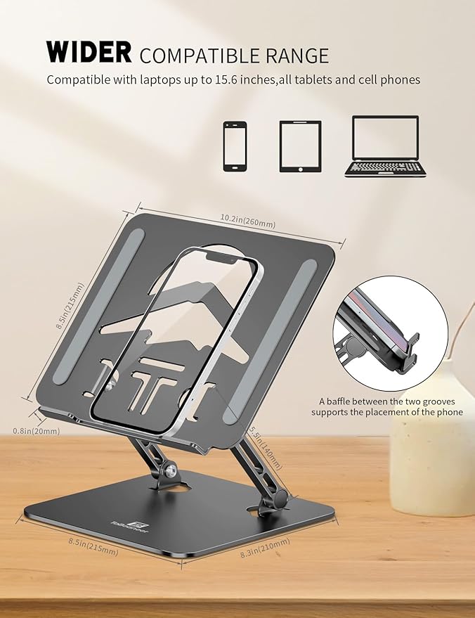 Laptop Stand Adjustable Laptop Holder for Desk, Foldable Laptop Riser Portable Computer Stand Compatible with MacBook, Lenovo, HP and All Laptops up to 16 inches Black