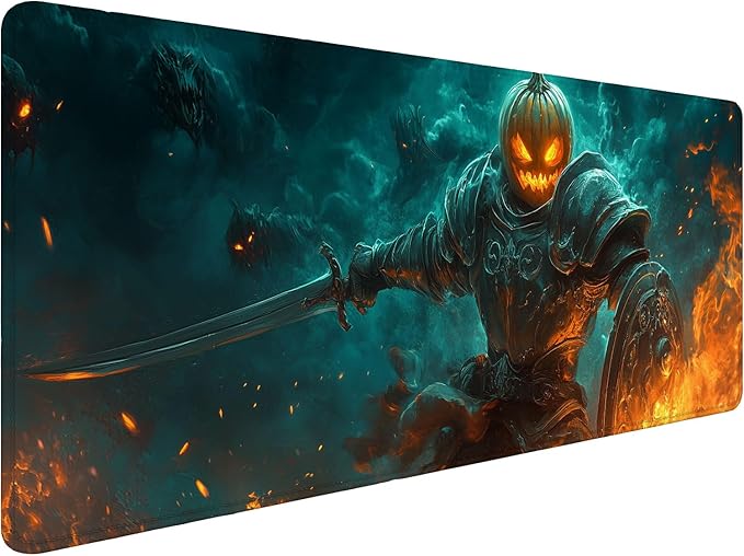 Pumpkin Head Knight Desk Pad Mouse Pad Fantasy Battle Fantasy Legend Extended Gaming Mouse Pad Mat with Stitched Edge Non-Slip Base Big Mouse Pad 31.5"x11.8" Office Computer Keyboard Laptop Home