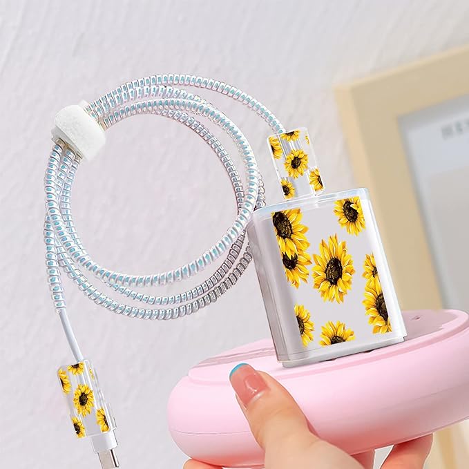 Cute Phone Charger Protector Set with Storage bag Case Yellow Sunflowers Travel Carrying Bag Data Cable 20W USB Charger Data Line Cable Protector Cord Organizer, Lightning Cable Chomper,Charger Saver