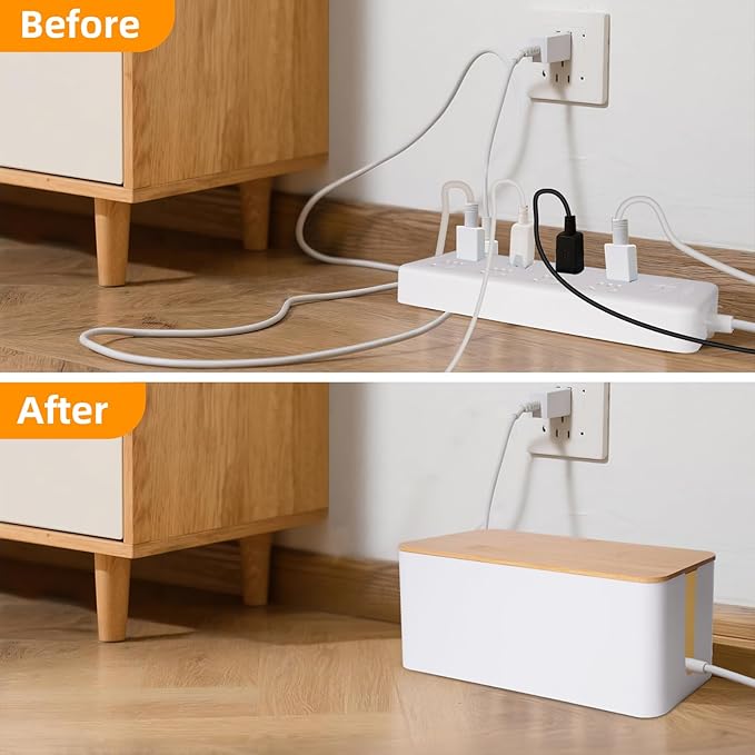 2 Pack Cable Management Box – Child and Pet-Proof Cord Organizer with Bamboo-Style Design, Large Capacity Cable Cover for Hiding TV Wires, Computer Cables, Power Strips,and USB Hubs, White