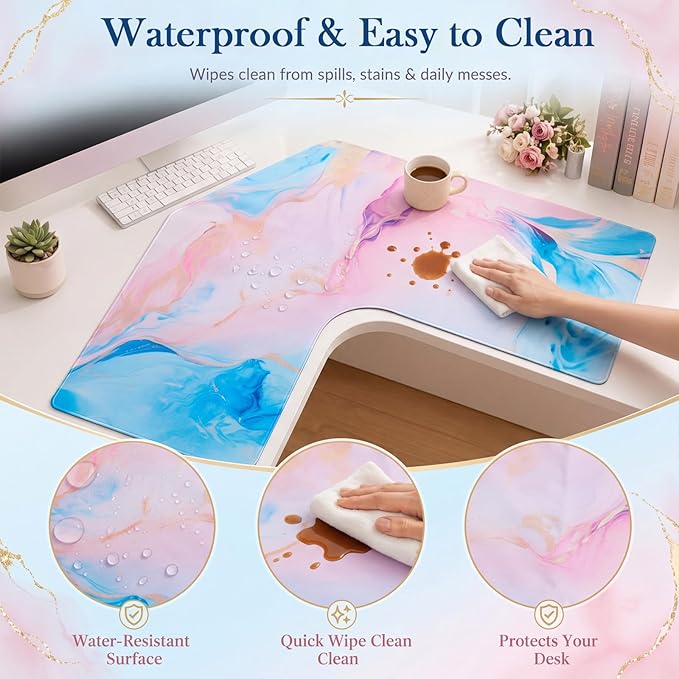 Relaxweex L Shaped Desk Mat for 90° Corner Desks, 26" x 26" Blue&Pink Waterproof Mouse Pad with 18" Inner Corner, Non-Slip Rubber Desk Protector for Office & Gaming