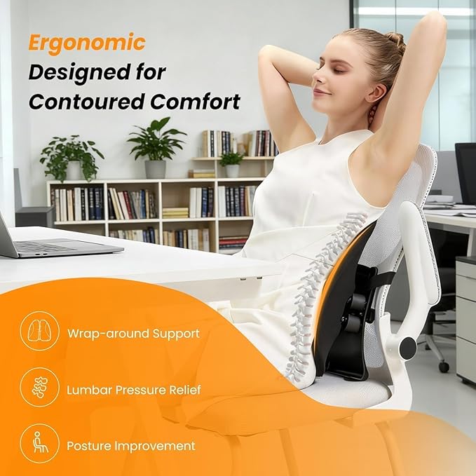 Ergonomic Back Support for Office Chair - Lumbar Pillow for Posture Correction and Lower Back Rest, Adjustable Height, Back Cushion Pad with Straps for Home, Office, Car, Black