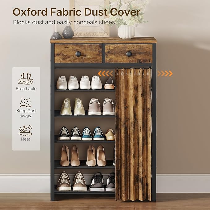 YATINEY 6-Tier Shoe Rack with 2 Non-Woven Drawers, Entryway Shoe Storage with Dust Cover, Metal Shoe Organizer, Space Saving Shoe Cabinet, for Entryway, Closet, Hallway, Rustic Brown and Black SS33BR