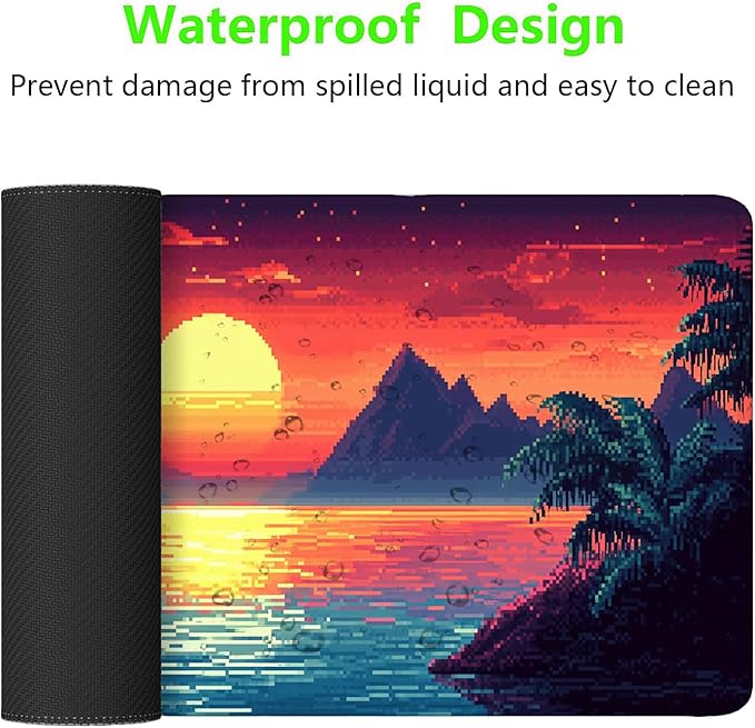 Pixel Art Desk Pad Mouse Pad Sunset Hawaiian Sea Mountains Mousepad XL Large Gaming Mouse Pad Laptop Keyboard Mat Desk Pad 31.5"x11.8" Office Computer Keyboard Laptop Home