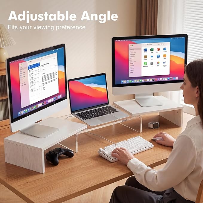 Dual Monitor Riser, Acrylic Monitor Riser, Adjustable Angle & Length Computer Monitor Stand, Wide Desk Shelf for Top of Desk for Home Office_White Maple Look Small